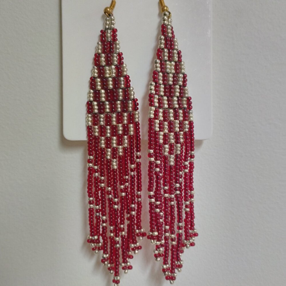 Handcrafted EarringsTraditional Beaded Fringe, Burgundy and Gold